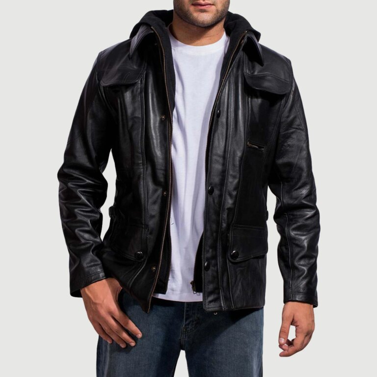 Mens Moulder Hooded Black Leather Jacket Open Front-4-1718119418642